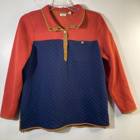 Womens LL Bean Quilted Sweatshirt Mockneck 2 Tone 1/4 Snap XL Petite Navy Rust - Picture 1 of 9